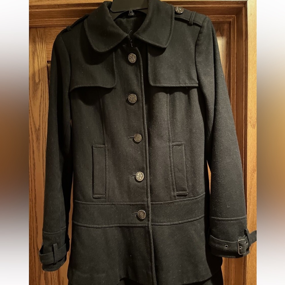 Pre-loved Guess Double Breasted Black Pea Coat Wool blend size L Classic Style
